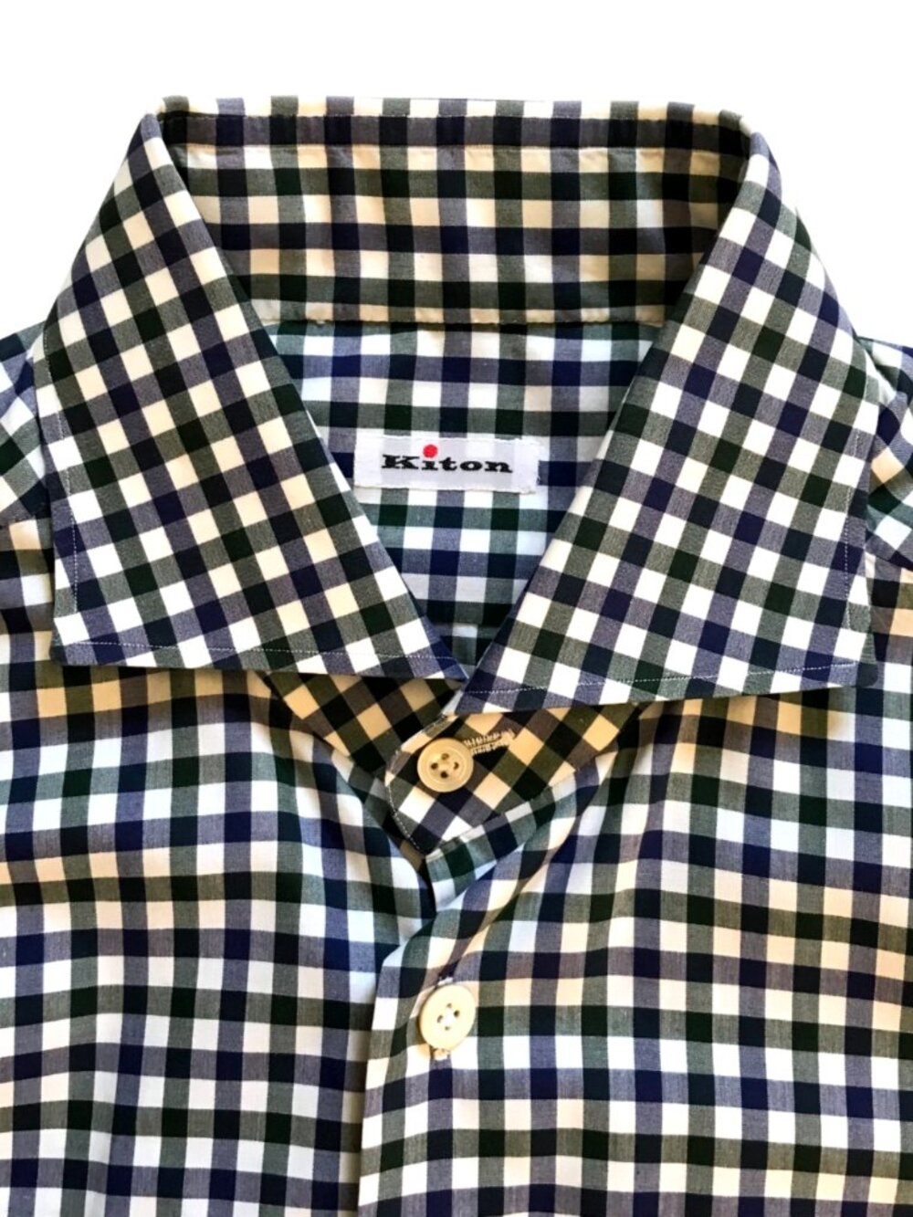 KITON Button Down Sport Shirt Mens 40 16 Blue Green Check Cotton Long Sleeve